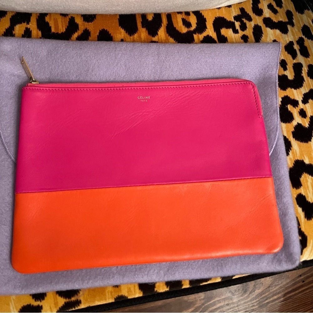 CELINE Clutch Hot Pink & Orange Color Blocking Soft Leather Pochette - Picture 3 of 13